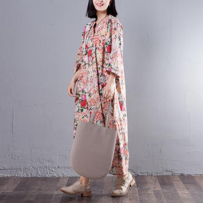 Stand Collar Three Quarter Sleeve Printed Loose Dress