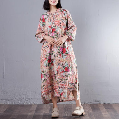 Stand Collar Three Quarter Sleeve Printed Loose Dress