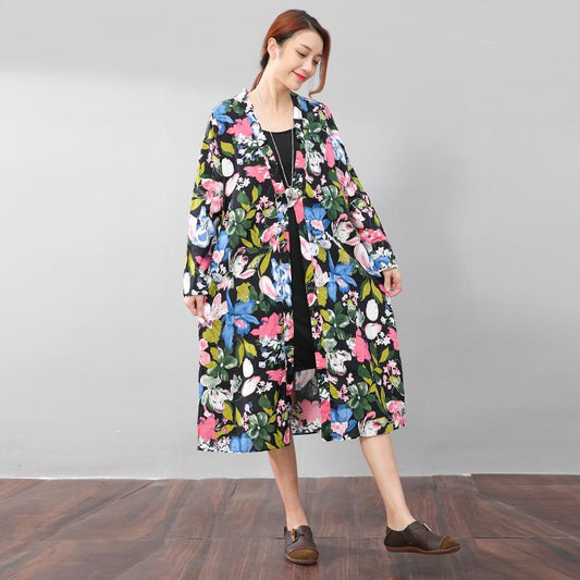 Vintage Floral Printed Ethnic Women Cotton Linen Side Slit Dress
