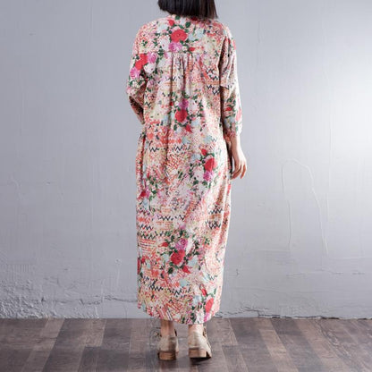 Stand Collar Three Quarter Sleeve Printed Loose Dress