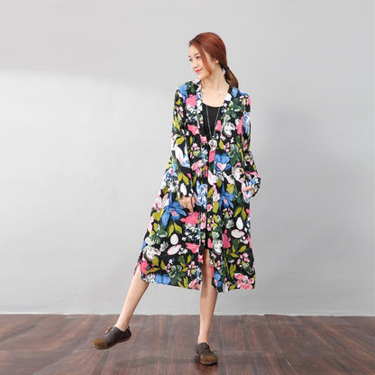 Vintage Floral Printed Ethnic Women Cotton Linen Side Slit Dress