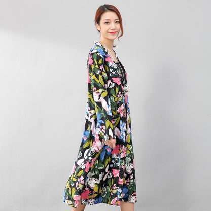 Vintage Floral Printed Ethnic Women Cotton Linen Side Slit Dress