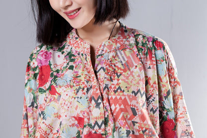 Stand Collar Three Quarter Sleeve Printed Loose Dress