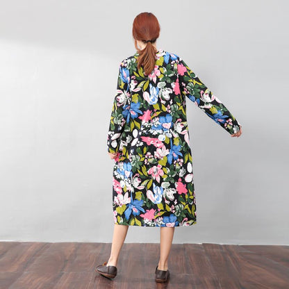Vintage Floral Printed Ethnic Women Cotton Linen Side Slit Dress