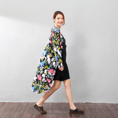 Vintage Floral Printed Ethnic Women Cotton Linen Side Slit Dress