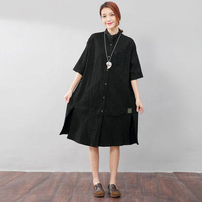Fashion Polo Collar Single Breasted Back Splicing Women Black Dress