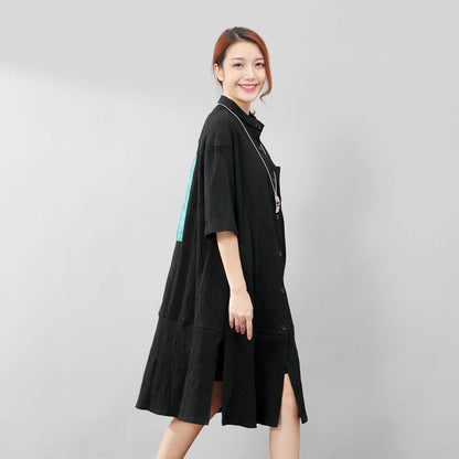 Fashion Polo Collar Single Breasted Back Splicing Women Black Dress