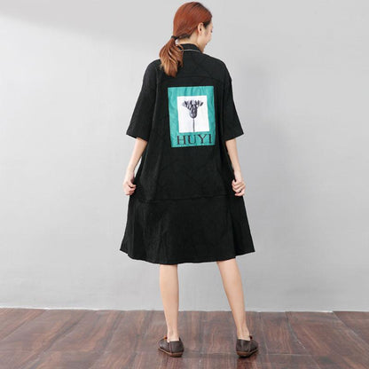 Fashion Polo Collar Single Breasted Back Splicing Women Black Dress