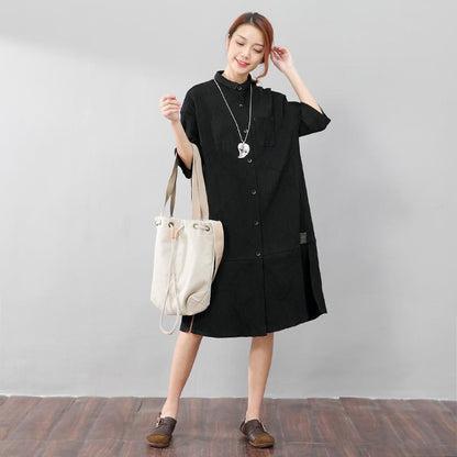 Fashion Polo Collar Single Breasted Back Splicing Women Black Dress