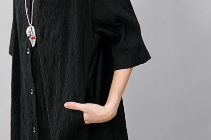 Fashion Polo Collar Single Breasted Back Splicing Women Black Dress