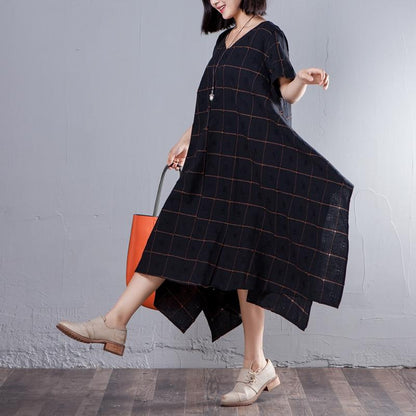 Summer V Neck Short Sleeve Loose Lattice Black Dress