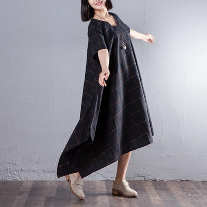 Summer V Neck Short Sleeve Loose Lattice Black Dress