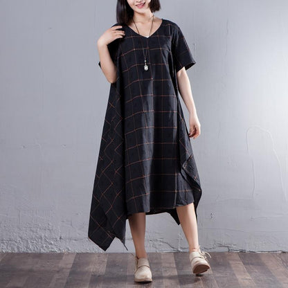 Summer V Neck Short Sleeve Loose Lattice Black Dress