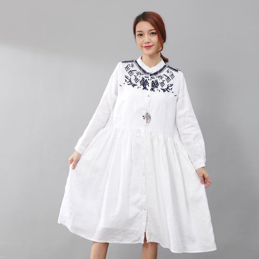 Women Linen Pleated Embroidered Long Sleeve White Dress