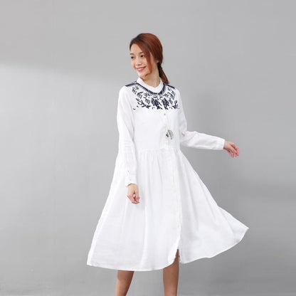 Graceful Women Linen Pleated Embroidered Long Sleeves White Dress