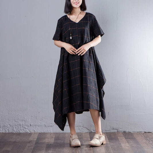 Summer V Neck Short Sleeve Loose Lattice Black Dress