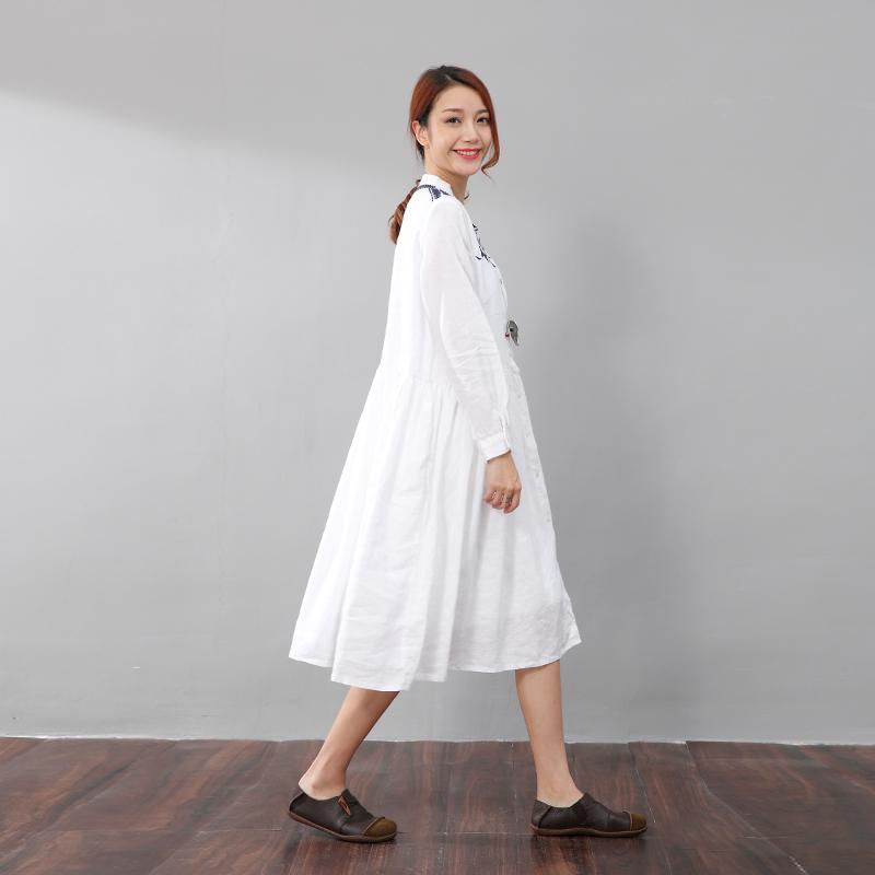 Graceful Women Linen Pleated Embroidered Long Sleeves White Dress