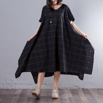 Summer V Neck Short Sleeve Loose Lattice Black Dress