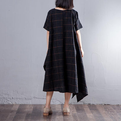 Summer V Neck Short Sleeve Loose Lattice Black Dress