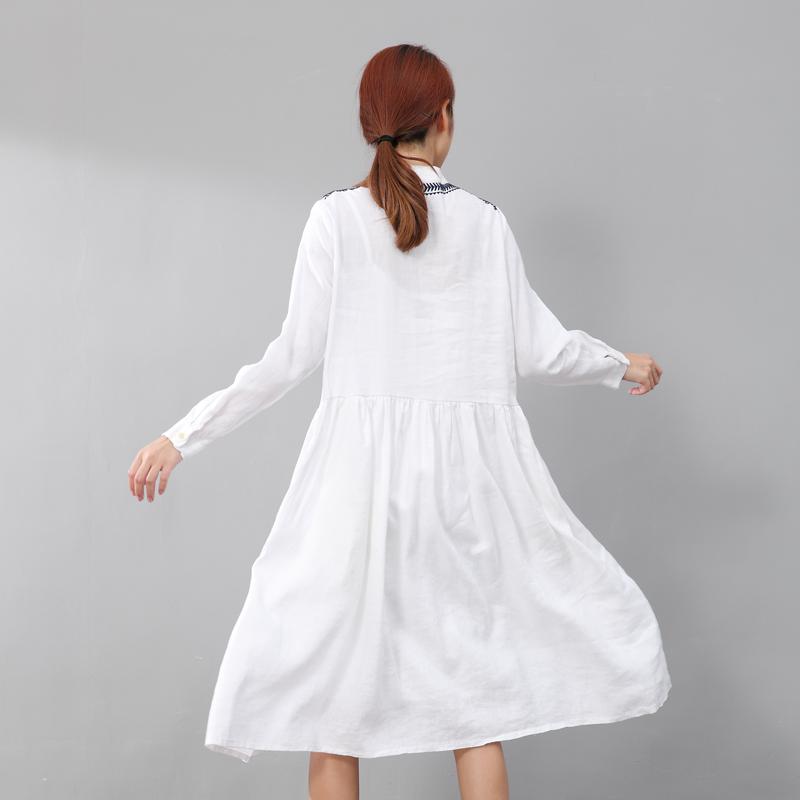 Women Linen Pleated Embroidered Long Sleeve White Dress