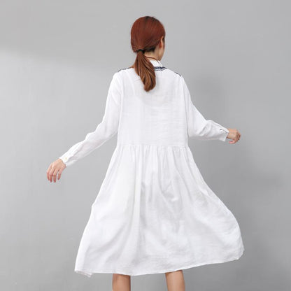 Graceful Women Linen Pleated Embroidered Long Sleeves White Dress