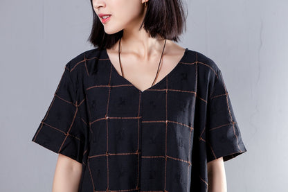 Summer V Neck Short Sleeve Loose Lattice Black Dress