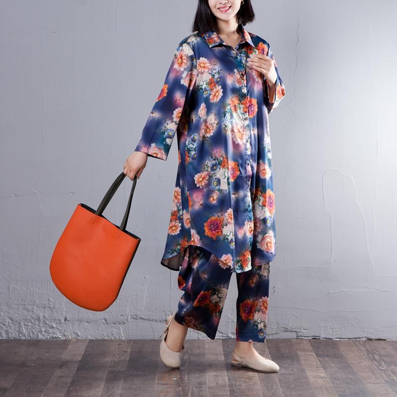 Spring Women Suit Single Breasted Shirt Floral Printed Pant