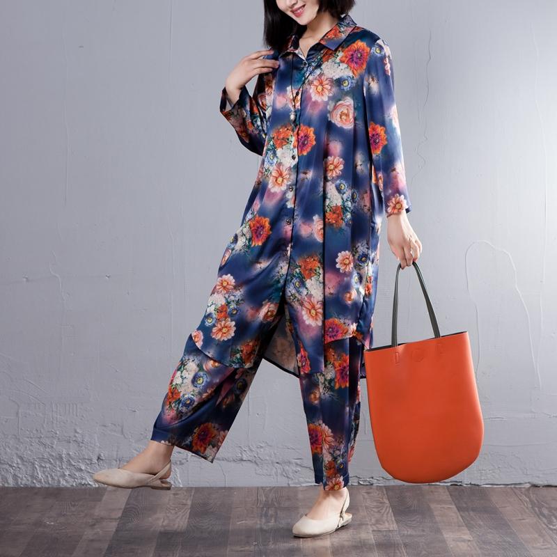 Spring Women Suit Single Breasted Shirt Floral Printed Pant
