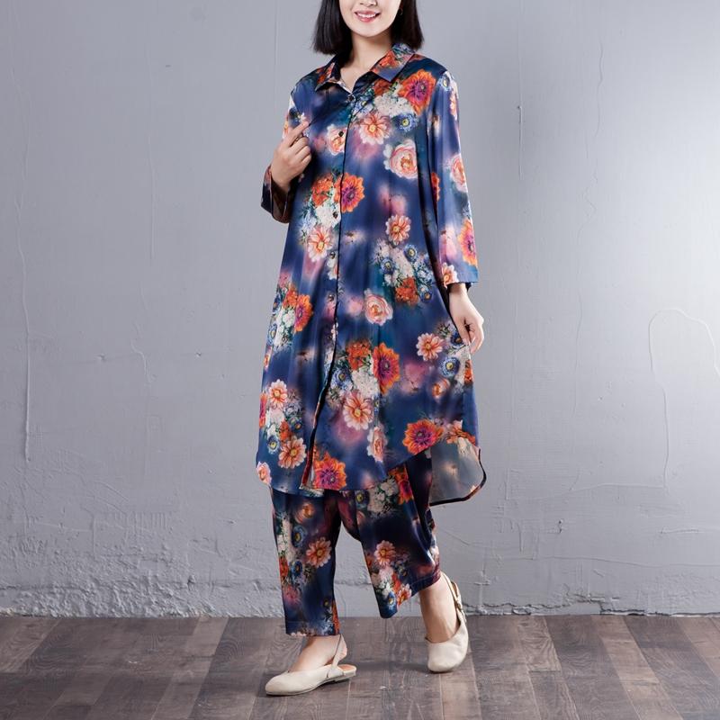Spring Women Suit Single Breasted Shirt Floral Printed Pant