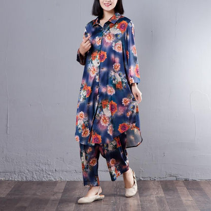 Spring Women Suit Single Breasted Shirt Floral Printed Pant