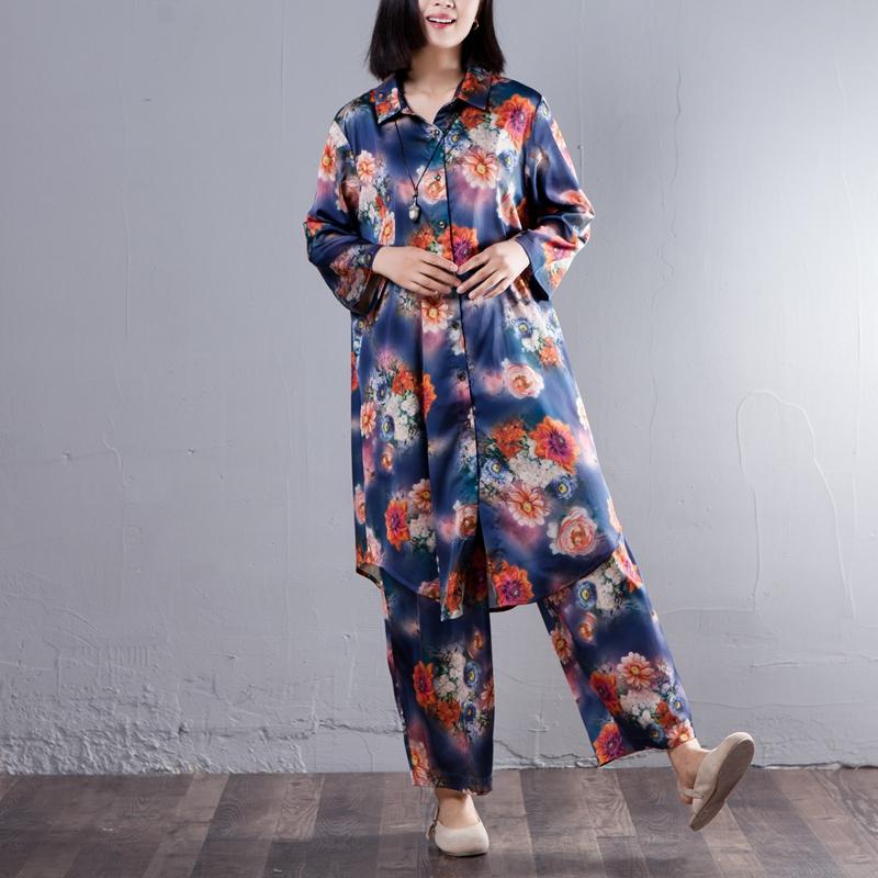 Spring Women Suit Single Breasted Shirt Floral Printed Pant