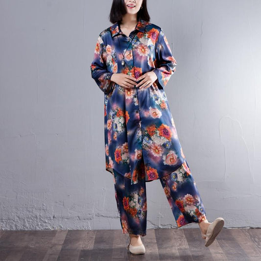 Spring Women Suit Single Breasted Shirt Floral Printed Pant