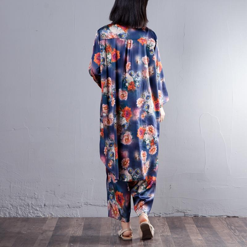Spring Women Suit Single Breasted Shirt Floral Printed Pant
