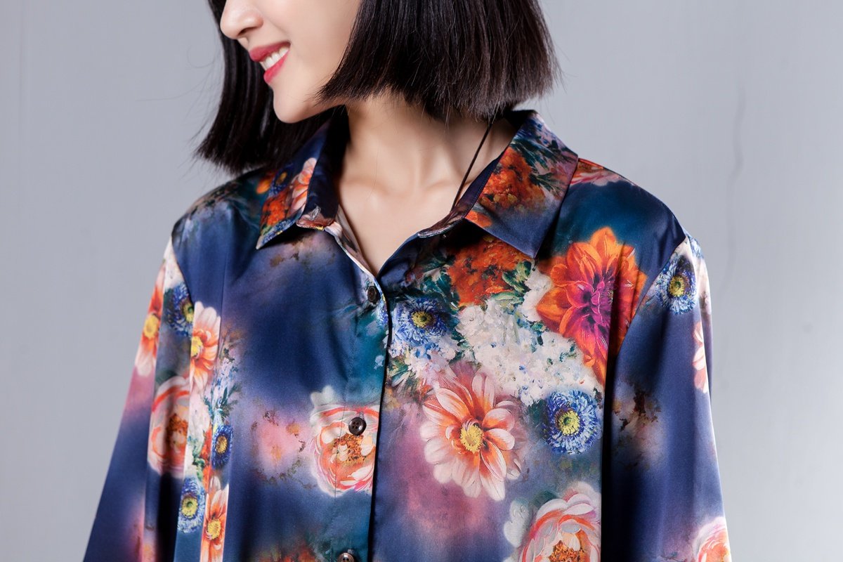 Spring Women Suit Single Breasted Shirt Floral Printed Pant