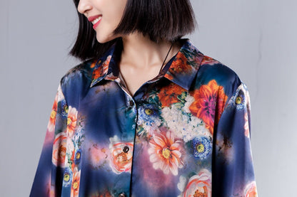 Spring Women Suit Single Breasted Shirt Floral Printed Pant