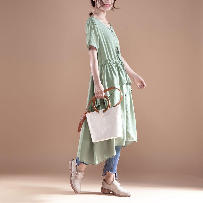 V Neck Short Sleeve Casual Green Single Breasted Dress