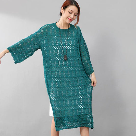 Elegant Women Hollowed Cotton Split Round Neck Green Dress