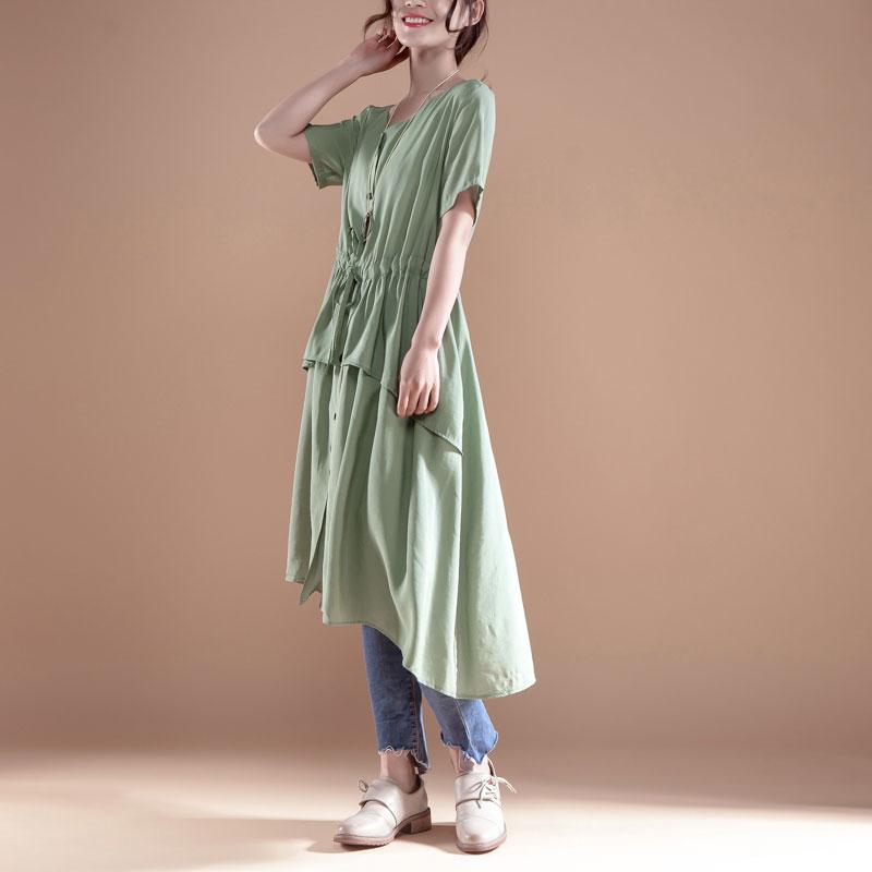 V Neck Short Sleeve Casual Green Single Breasted Dress