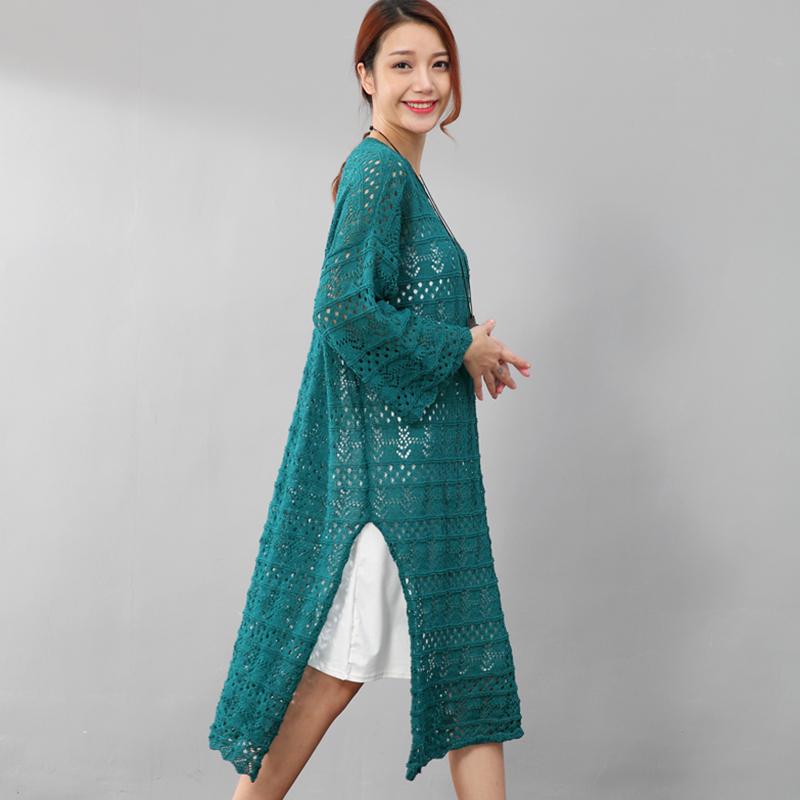 Elegant Women Hollowed Cotton Split Round Neck Green Dress