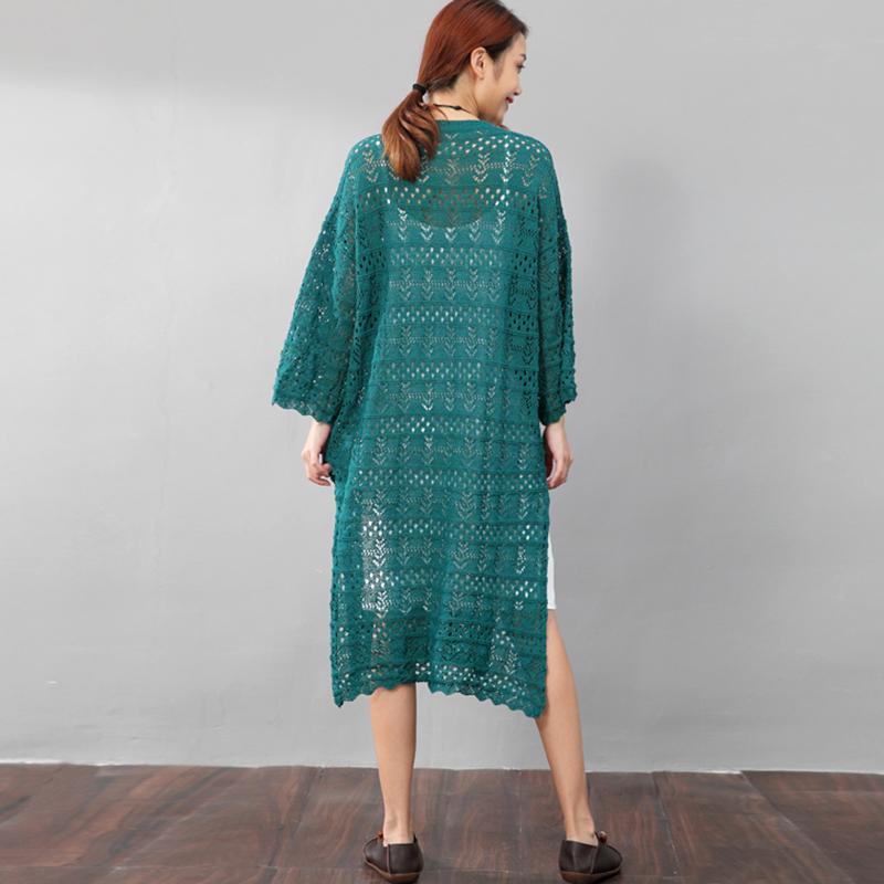 Elegant Women Hollowed Cotton Split Round Neck Green Dress