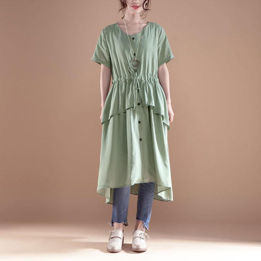 V Neck Short Sleeve Casual Green Single Breasted Dress