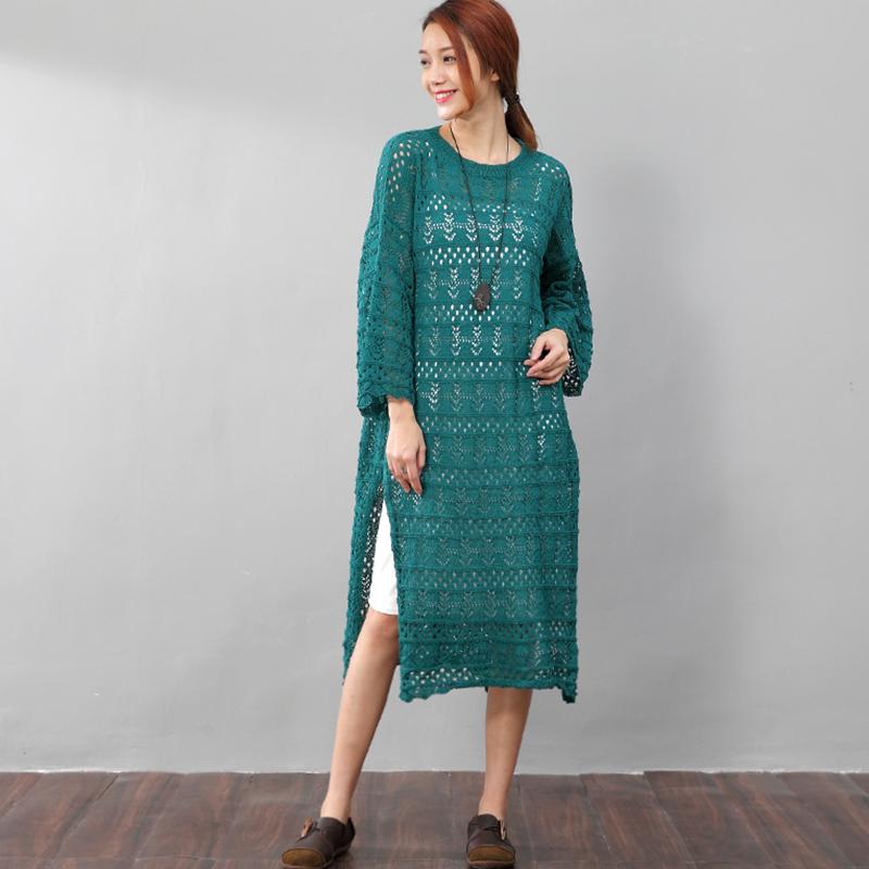 Elegant Women Hollowed Cotton Split Round Neck Green Dress