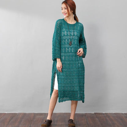 Elegant Women Hollowed Cotton Split Round Neck Green Dress