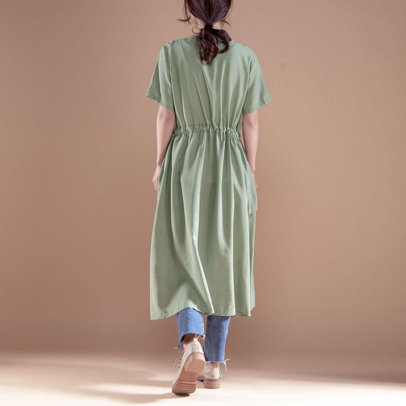 V Neck Short Sleeve Casual Green Single Breasted Dress