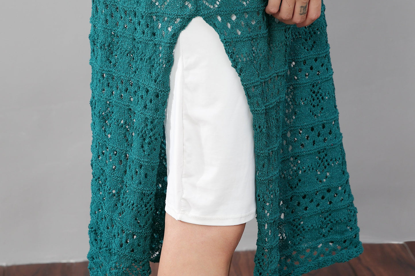 Elegant Women Hollowed Cotton Split Round Neck Green Dress