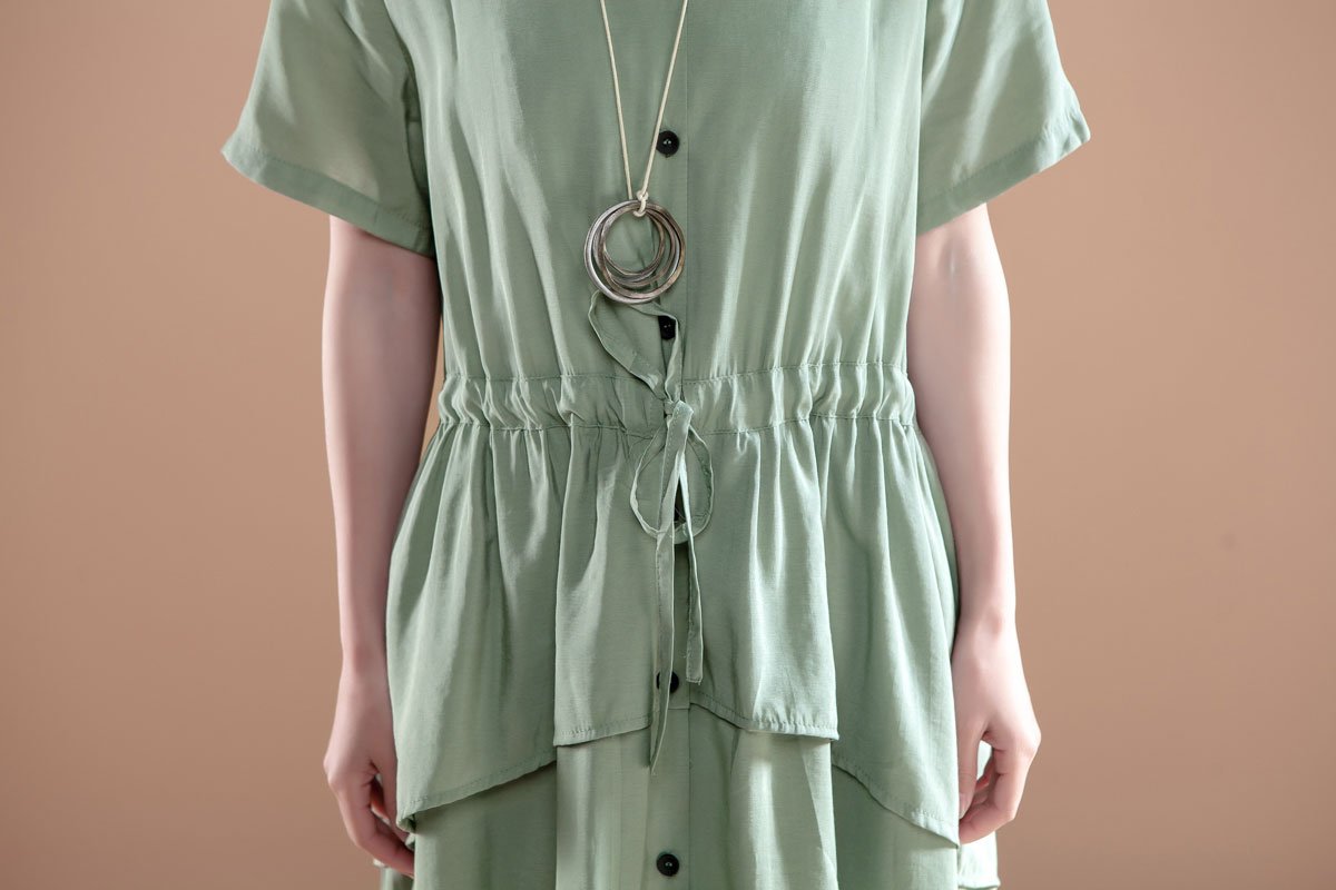 V Neck Short Sleeve Casual Green Single Breasted Dress