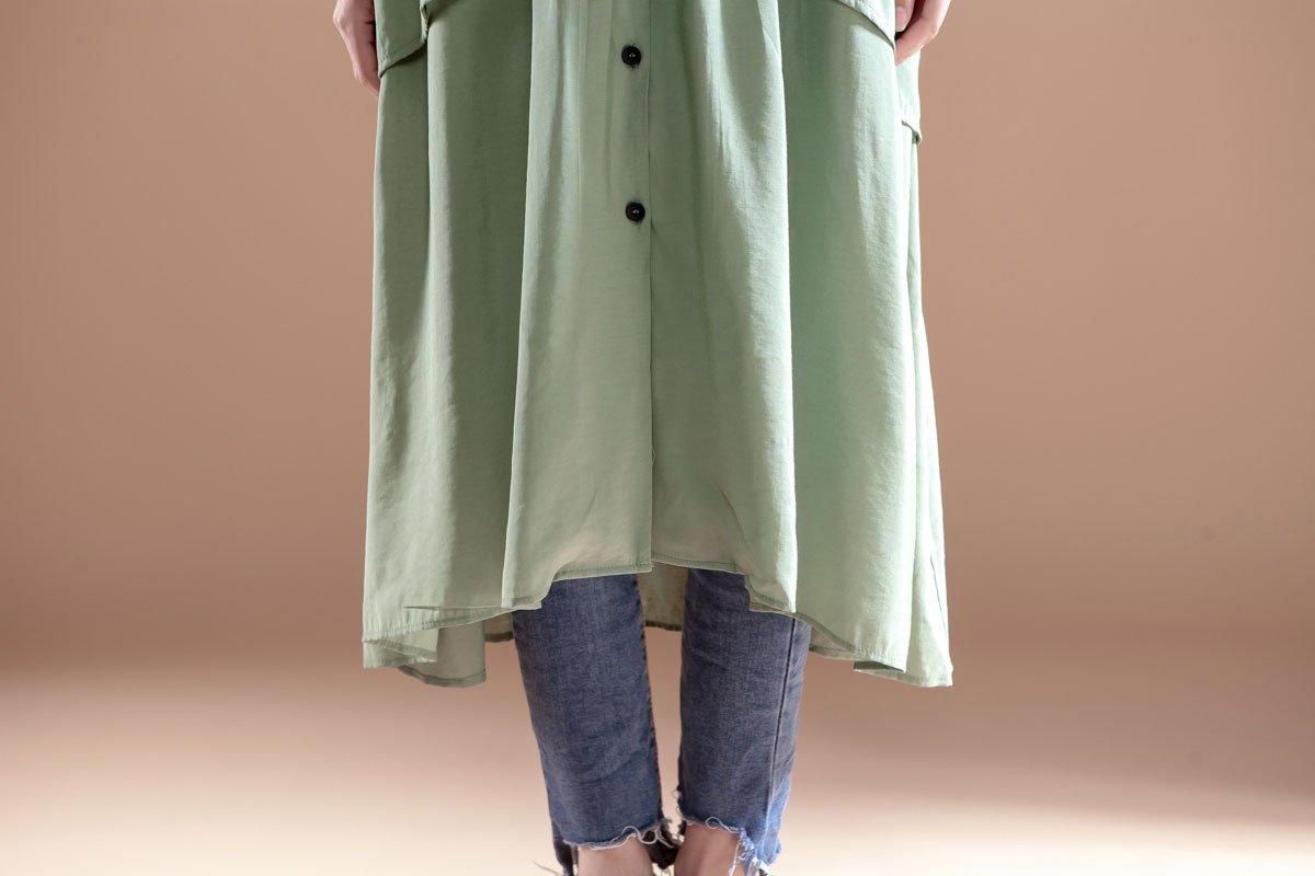 V Neck Short Sleeve Casual Green Single Breasted Dress