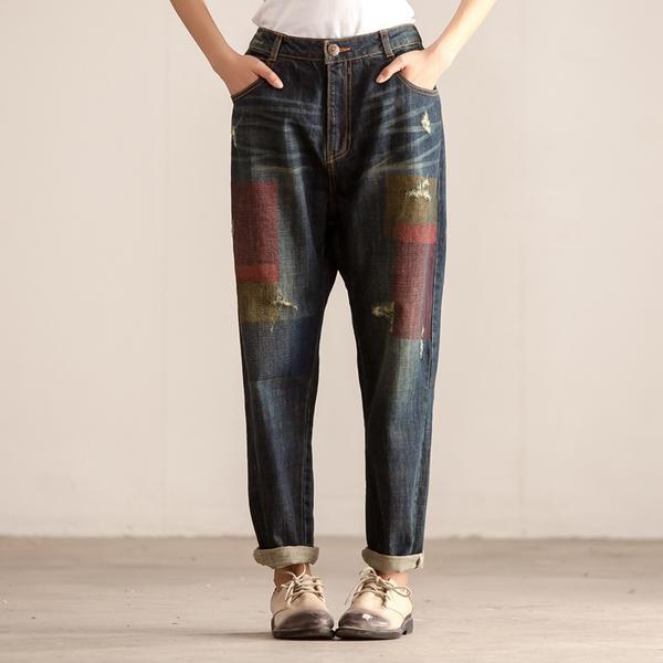 V-neck Knitting Print Top Or Denim Pants