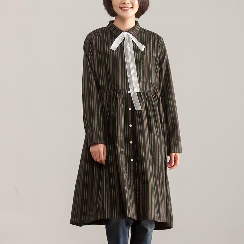 Long Sleeve Stripe Polo Collar Single Breasted Dress