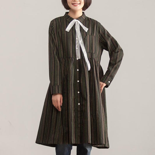 Long Sleeve Stripe Polo Collar Single Breasted Dress